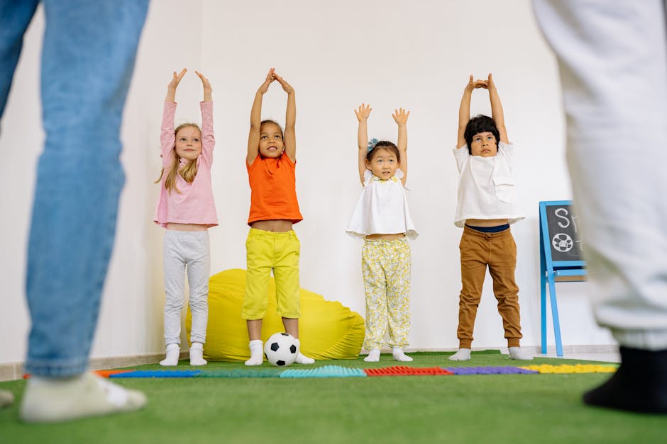 A diverse group of children enjoying indoor exercise, promoting fun and fitness.