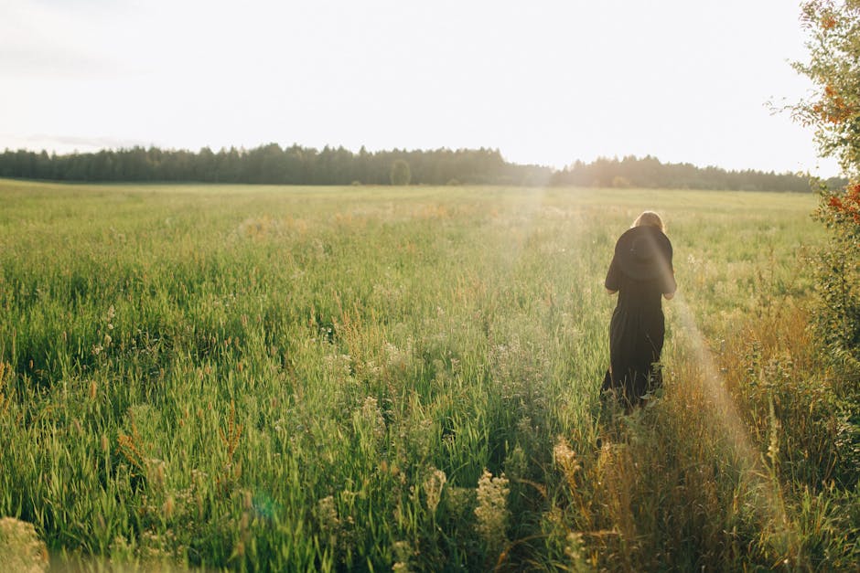 A serene scene of a woman walking through a lush, sunlit field during summer.