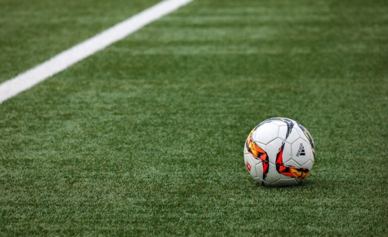 A vibrant soccer ball resting on a pristine grass field beside a white sideline.