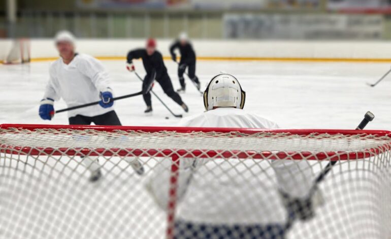 An intense ice hockey game featuring a focused goalie ready to defend the net against advancing players.