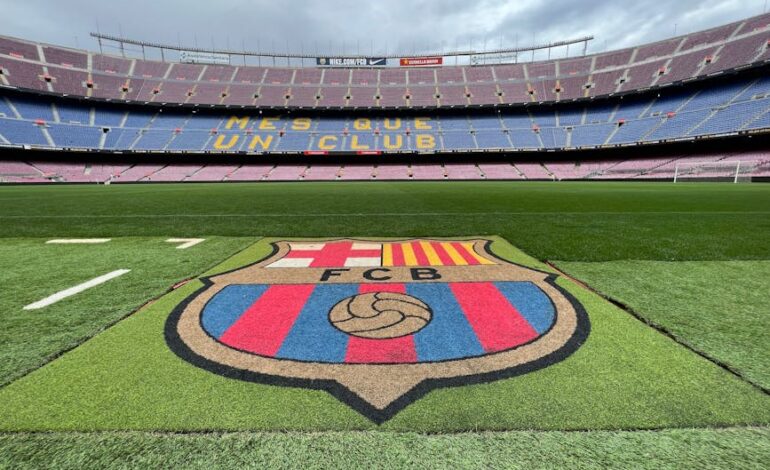 View of the pitch and stands at Camp Nou Stadium, home of FC Barcelona, in Spain.