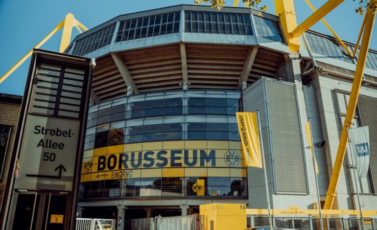 Front view of Signal Iduna Park, home of Borussia Dortmund, located in Dortmund, Germany.