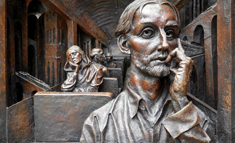 Detailed bronze artwork depicting thoughtful figures on a train. Captures introspection and artistry.