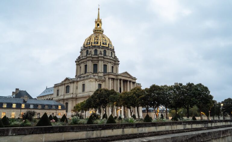 Iconic view of the golden dome at Les Invalides in Paris, showcasing French architecture.