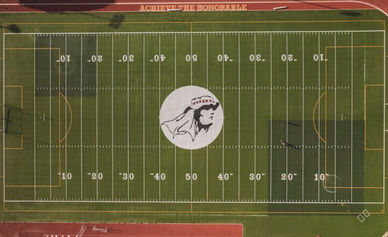 Aerial drone view of an empty sports field with tracks and painted markings.