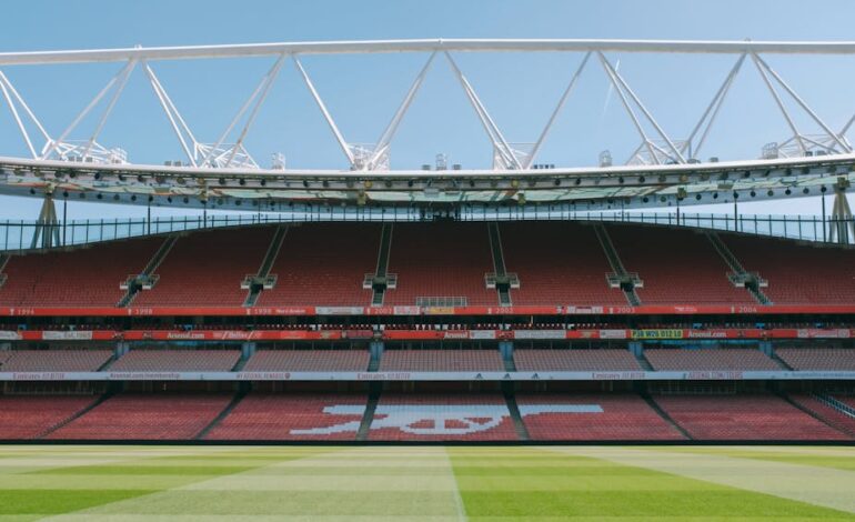 View of empty stands at Emirates Stadium, London, home of Arsenal FC.