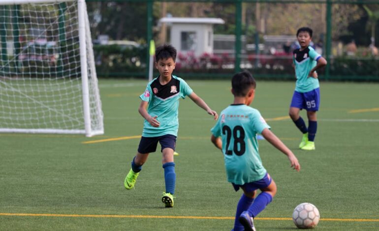 Boys playing youth soccer on a sunny day, wearing uniforms on a green field.