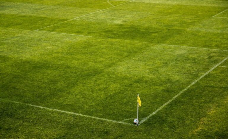 A vibrant green soccer field corner with a yellow flag and soccer ball, perfect for sports themes.