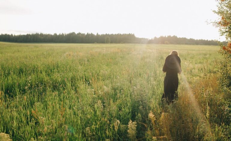A serene scene of a woman walking through a lush, sunlit field during summer.