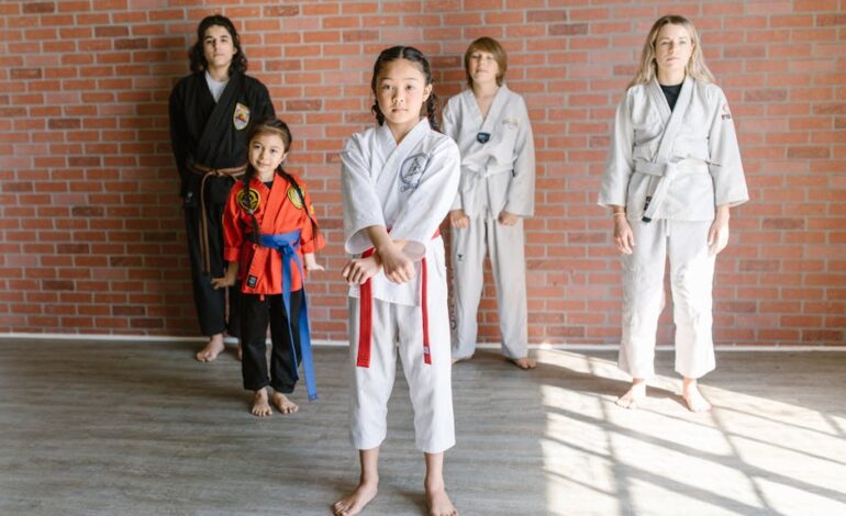 A diverse group of martial artists in gis, showcasing different belts and poses in a dojo.