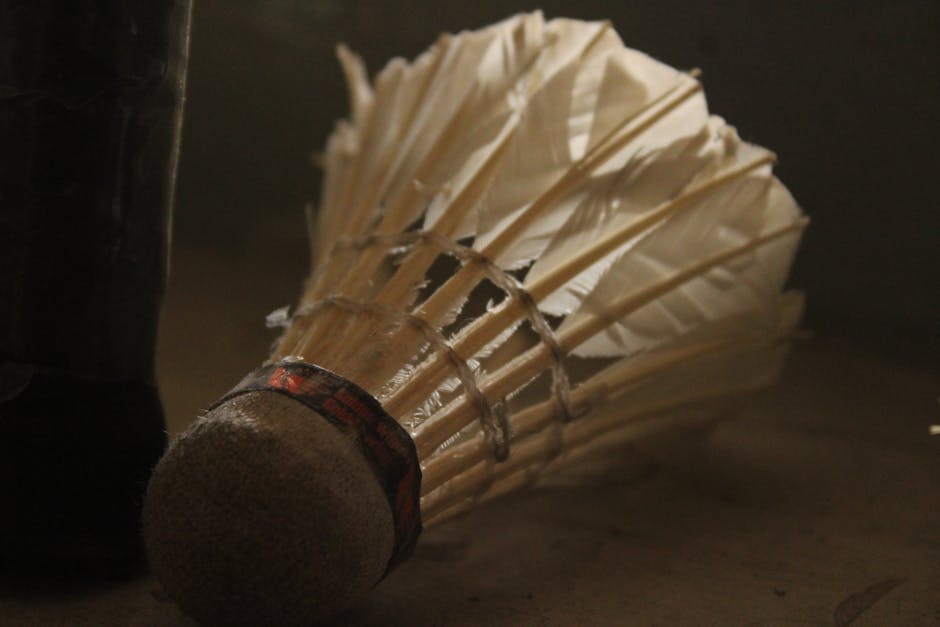 Detailed view of a feathered shuttlecock used in badminton, lying on the ground.