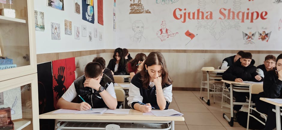 Teenagers focusing on studies in an education setting with Albanian motifs.