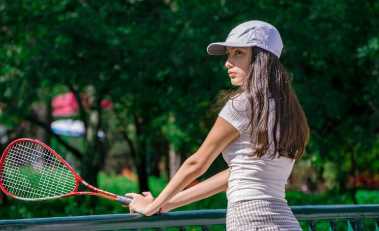 Portrait of a woman in sportswear holding a tennis racket outdoors.