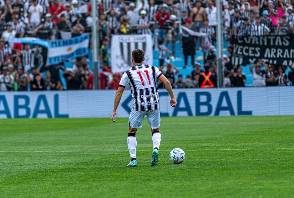 Soccer player number 11 in action on field during a match with cheering fans in the background.
