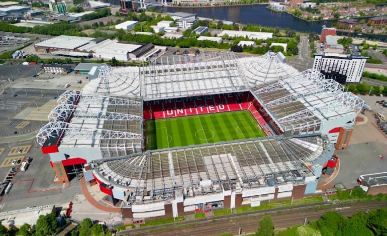 Stunning aerial shot of Old Trafford stadium in Manchester, showcasing its iconic architecture.