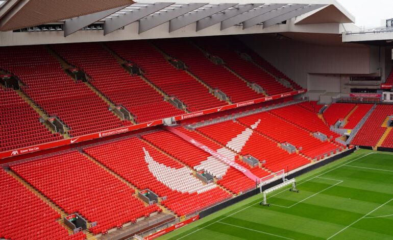 Aerial view of Anfield Stadium's iconic red seats and pitch, showcasing its architecture and design.