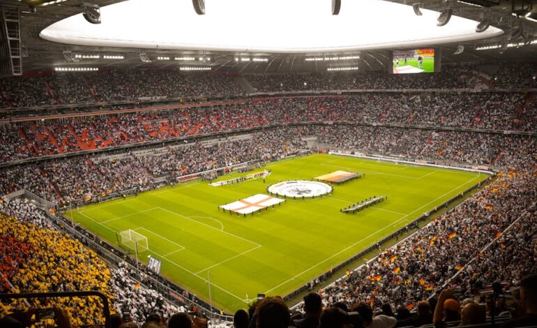A packed stadium with fans watching a live soccer game, featuring vibrant crowd colors.