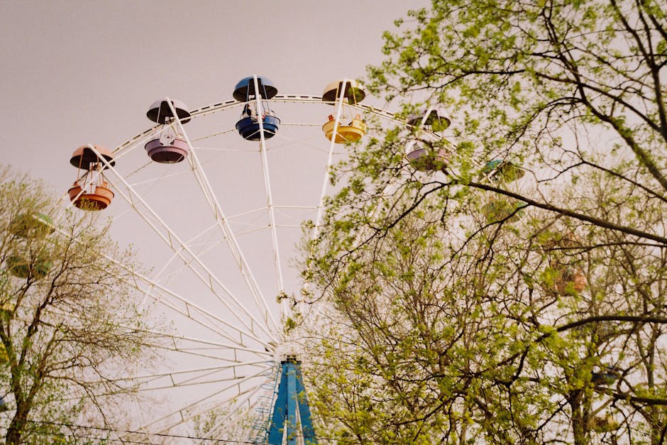 A vibrant ferris wheel rising above green trees during springtime in Ростов-на-Дону, Russia.