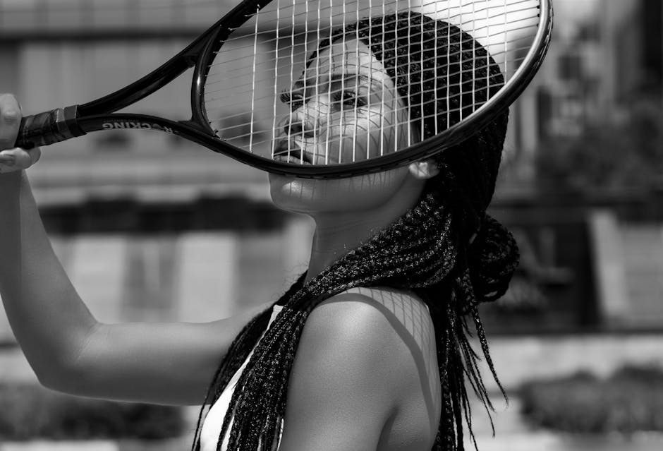 Artistic portrait of an African American woman with a tennis racket. Black and white.