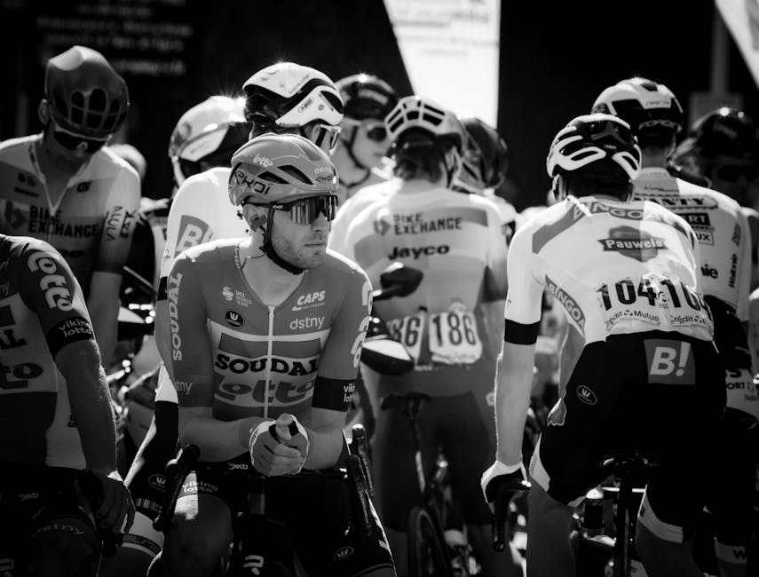 Cyclists gather before a thrilling race in this monochrome capture.