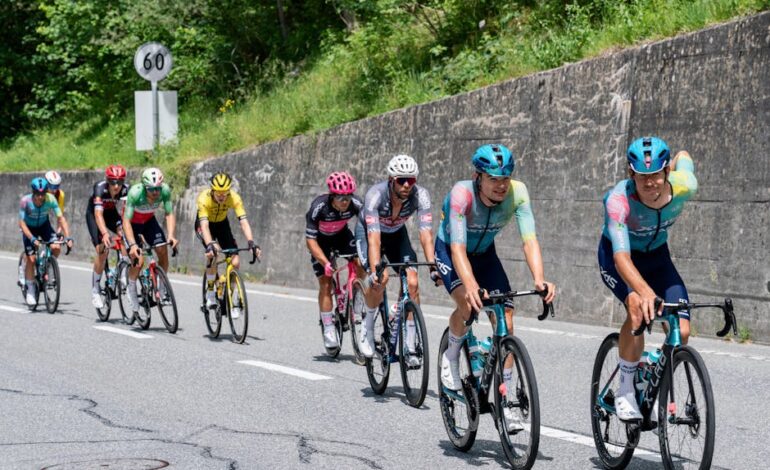 Cyclists competing in a race on a scenic mountain road in summer.