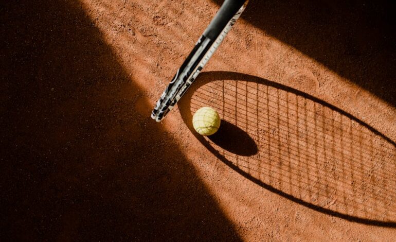 Tennis ball with racket shadow on a sunlit clay court.