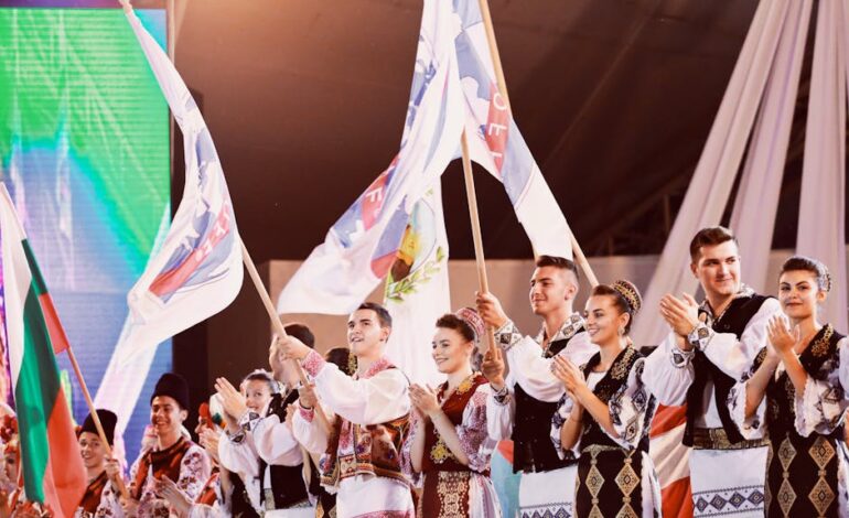 Vibrant celebration showcasing Romanian culture with traditional clothing and flags in Timișoara.