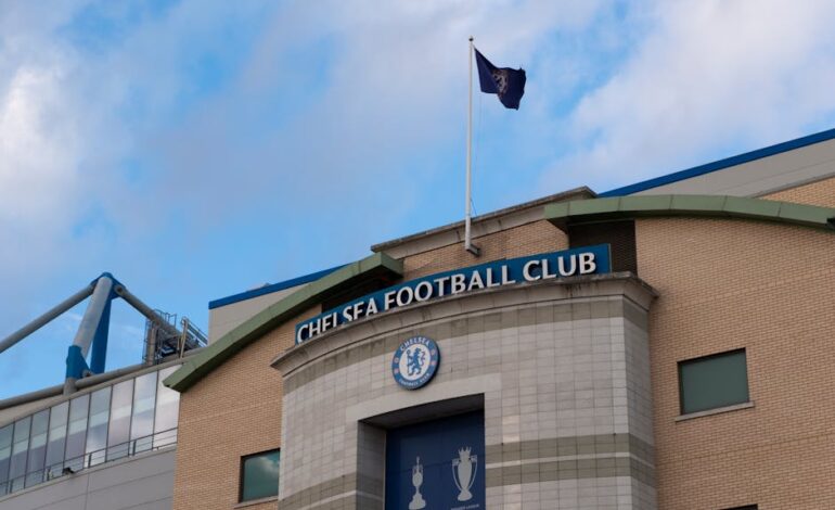 Iconic facade of Chelsea Football Club in London, highlighting the famous stadium architecture.