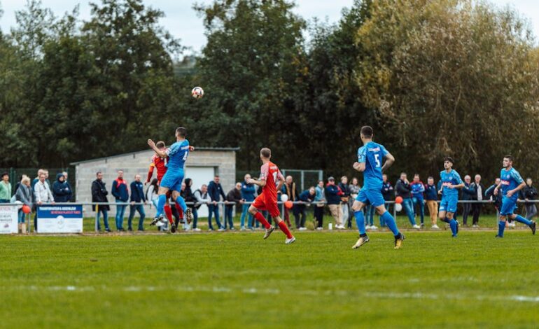 Players in blue and red compete intensely on a football field in France, capturing the spirit of the game.