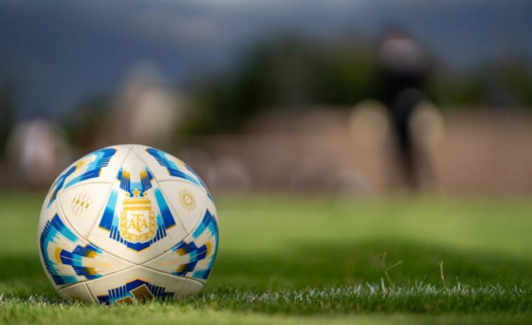 Close-up of an official Argentine soccer ball resting on a green field with a blurred background.